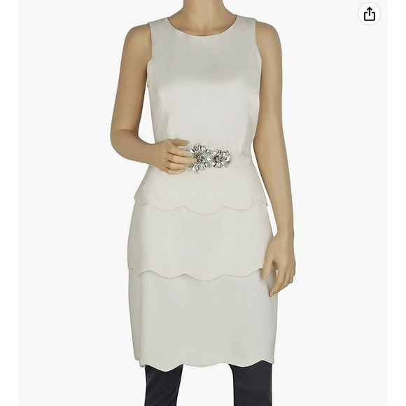 Badgley Mischka Ivory Sleeveless Tiered Belted Layered Dress 4 - Picture 1 of 5
